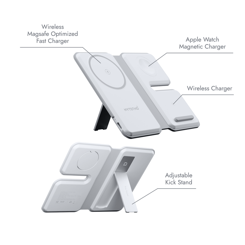 TRIO TRAVEL 3-in-1 Foldable Wireless Charger 15W Fast for Phone Watch and Earphones