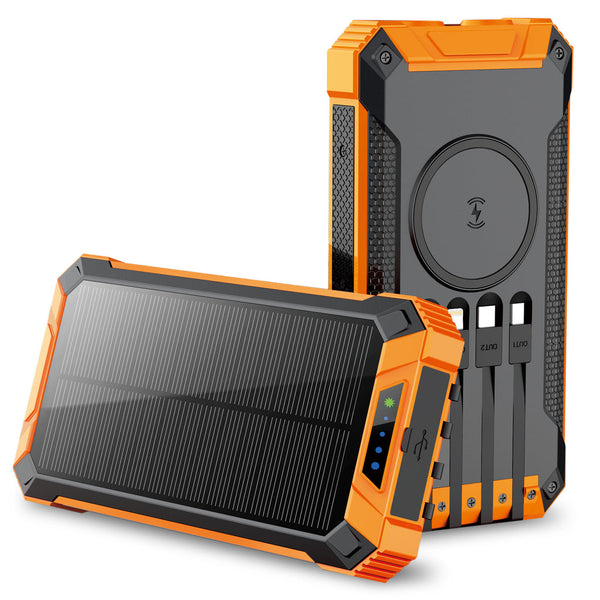 Outdoor Solar Portable Power Bank with Wireless Charging, Built-in 4 Cables, 20000mAh Battery, IP65 Waterproof, Dustproof, Digital Display power, Dual LED Flashlight, High Conversion efficiency - Orange