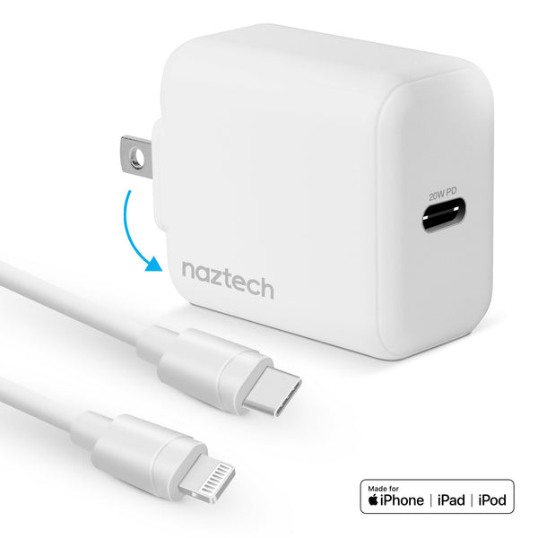 Naztech 20W PD Wall Charger + USB-C to Lightning 4ft Cbl WHT