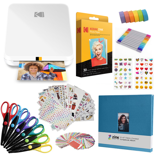 Kodak Step Slim Mobile Instant Photo Printer 2x3" (White) & Zink Photo Paper & Scrapbook Bundle