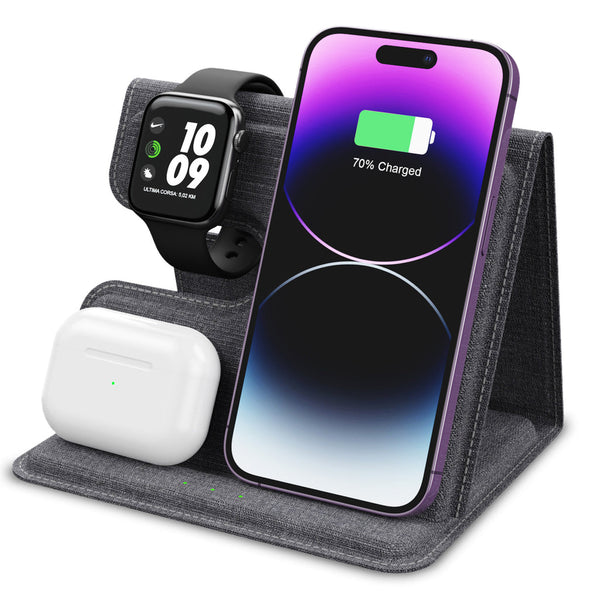 3-in-1 Full PU Leather - 18W Wireless Charger Stand for iPhone, AirPods, iWatch, Cellphones/Earbuds - Intelligent indicator light, Double Coil & Efficient Induction - Black