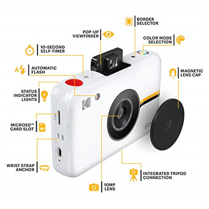 Kodak Step Digital Instant Camera (White), 10MP Image Sensor & Zink Technology Starter Bundle