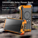 Outdoor Solar Portable Power Bank with Wireless Charging, Built-in 4 Cables, 20000mAh Battery, IP65 Waterproof, Dustproof, Digital Display power, Dual LED Flashlight, High Conversion efficiency - Orange